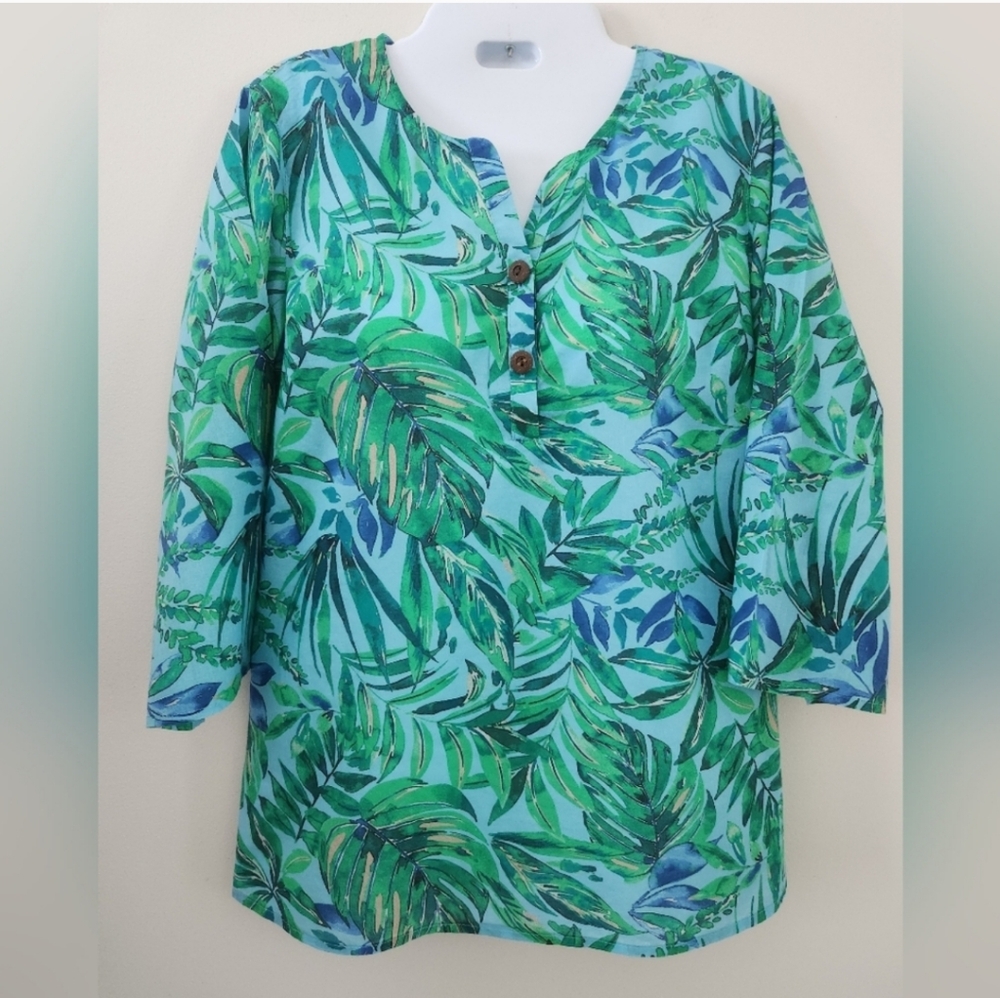 J. Jill Top Soft Cotton Green and Blue Leaf Print - Picture 4 of 9